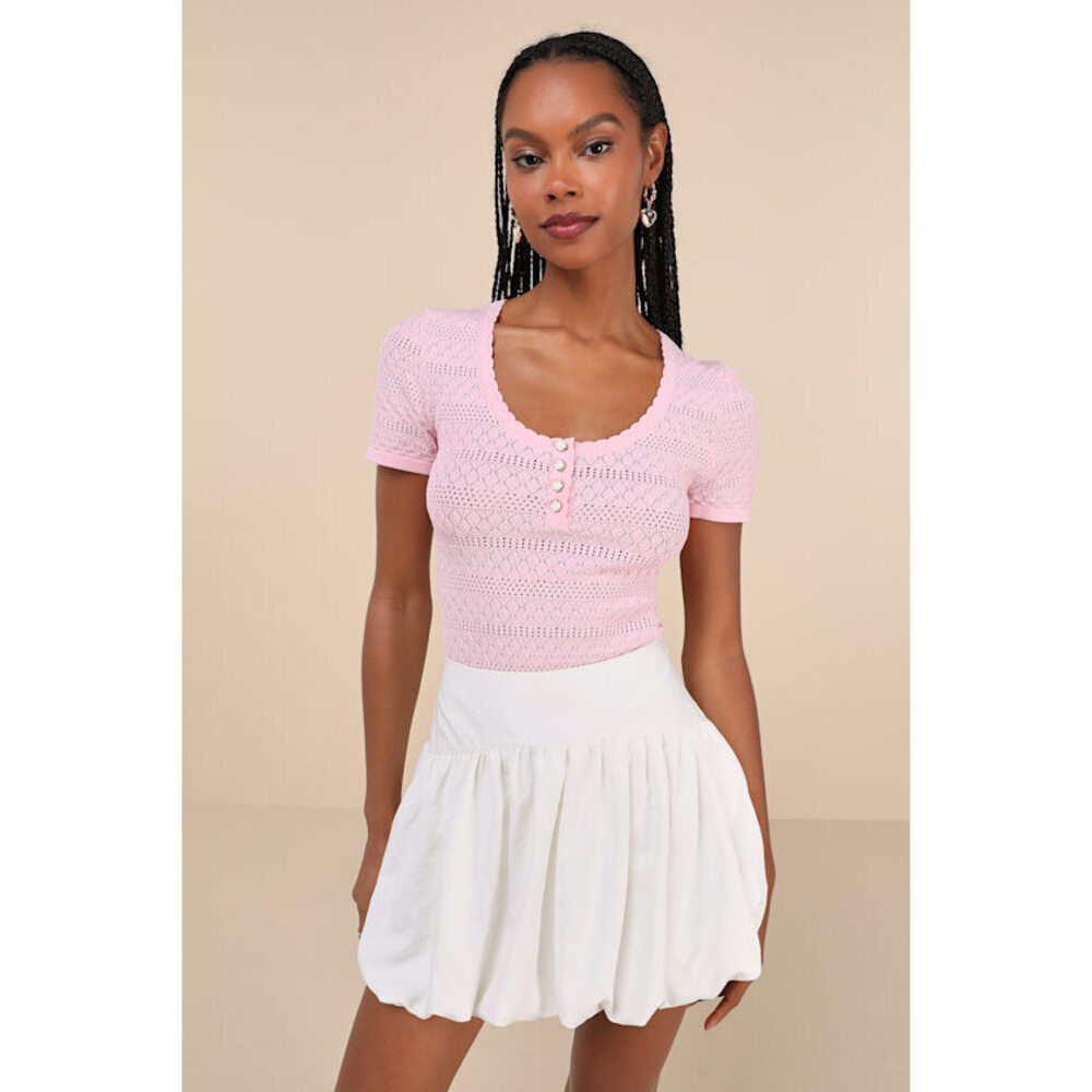 Lulus Cutest Example Light Pink Pointelle Knit Short Sleeve Henley Top - Size M
